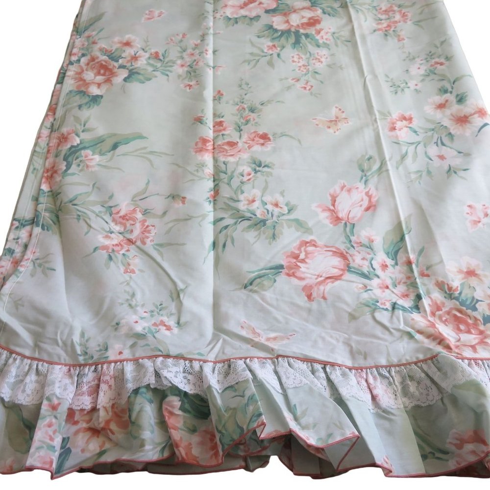 Vintage JP Stevens King Flat Sheet Green Floral Lace Ruffle No Iron Deadstock